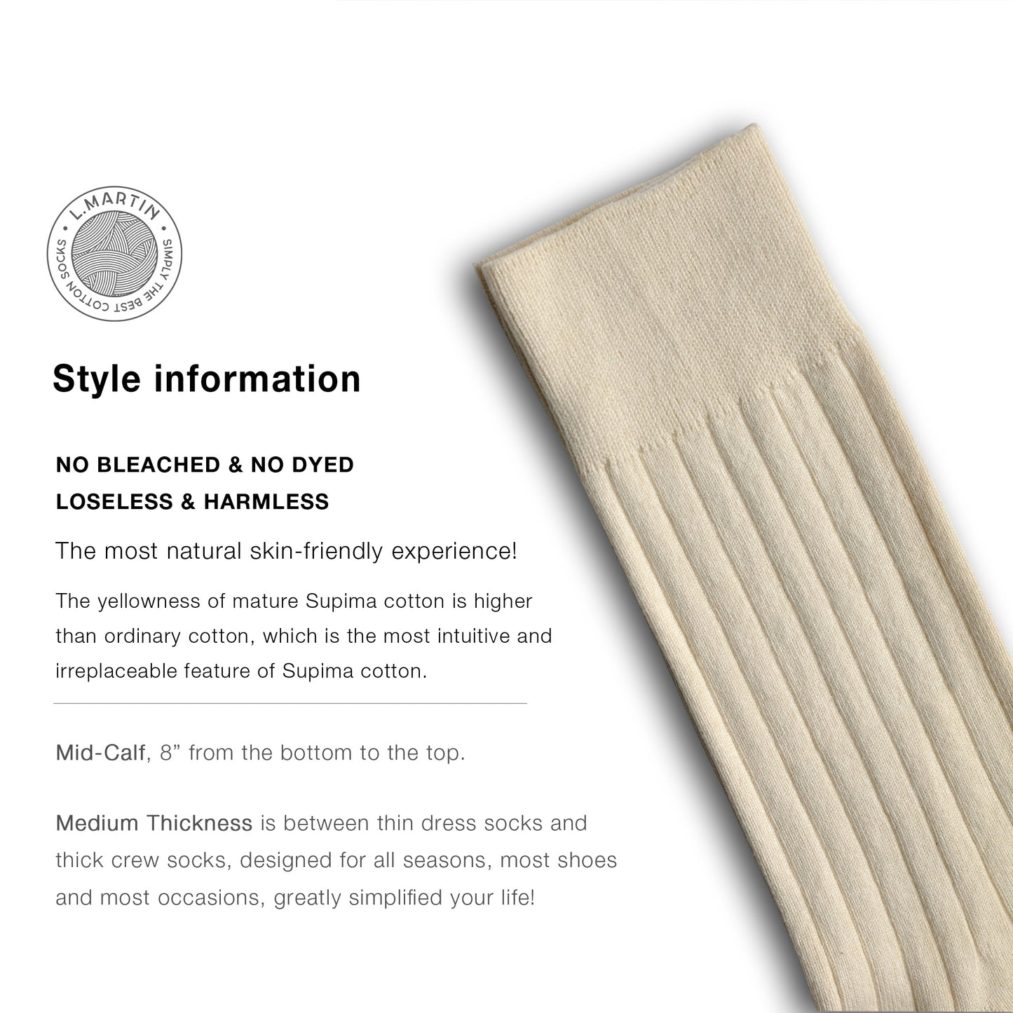 L.Martin Pima Cotton Crew Height Dress Socks for Men - 100% Cotton Interface - Natural Beige - 3Pair