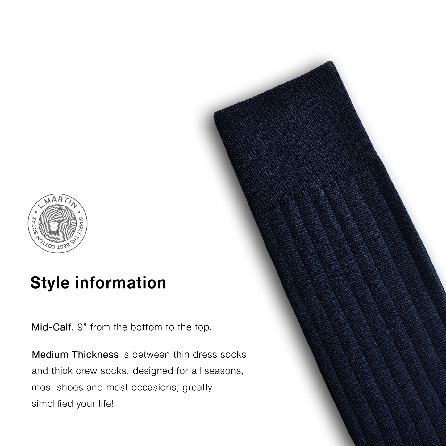 L.Martin Pima Cotton Crew Height Dress Socks for Men - 100% Cotton Interface - Navy Blue - 3Pair