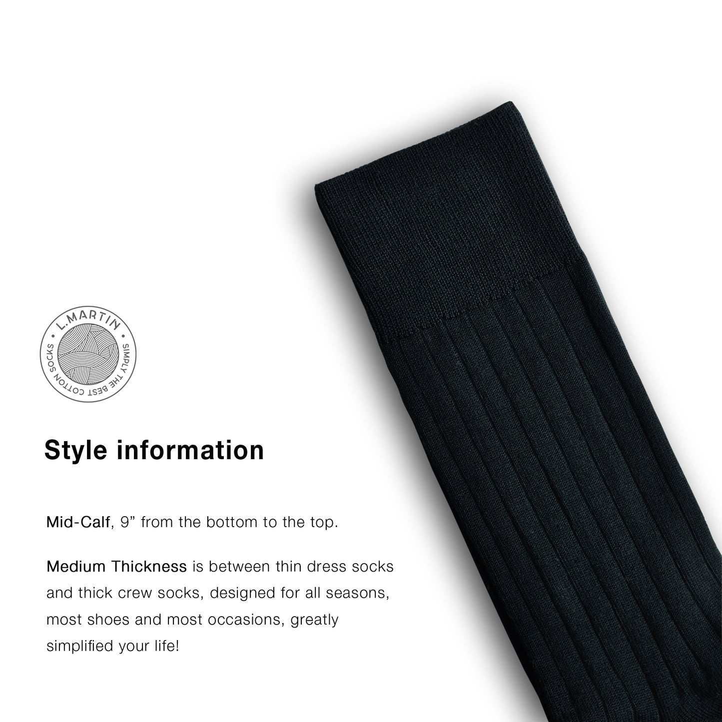 L.Martin Pima Cotton Crew Height Dress Socks for Men - 100% Cotton Interface - Black - 3Pair