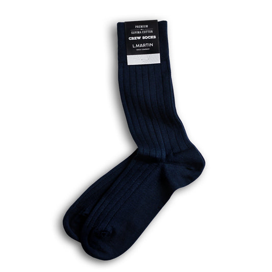 L.Martin Pima Cotton Crew Height Dress Socks for Men - 100% Cotton Interface - Navy Blue - 3Pair