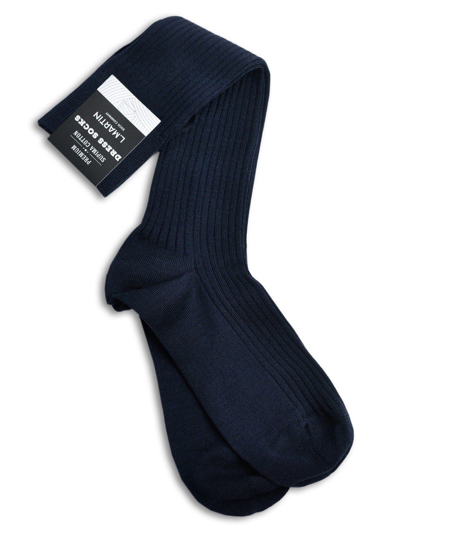 L.Martin Pima Cotton Over the Calf Dress Socks - 100% Cotton Interface - Navy Blue